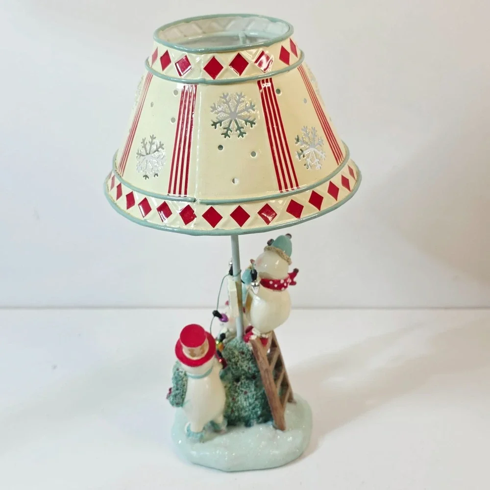 Snowmen Wrapping Lights Christmas Tealight Holder Lamp and Shade 2 pc 9.5